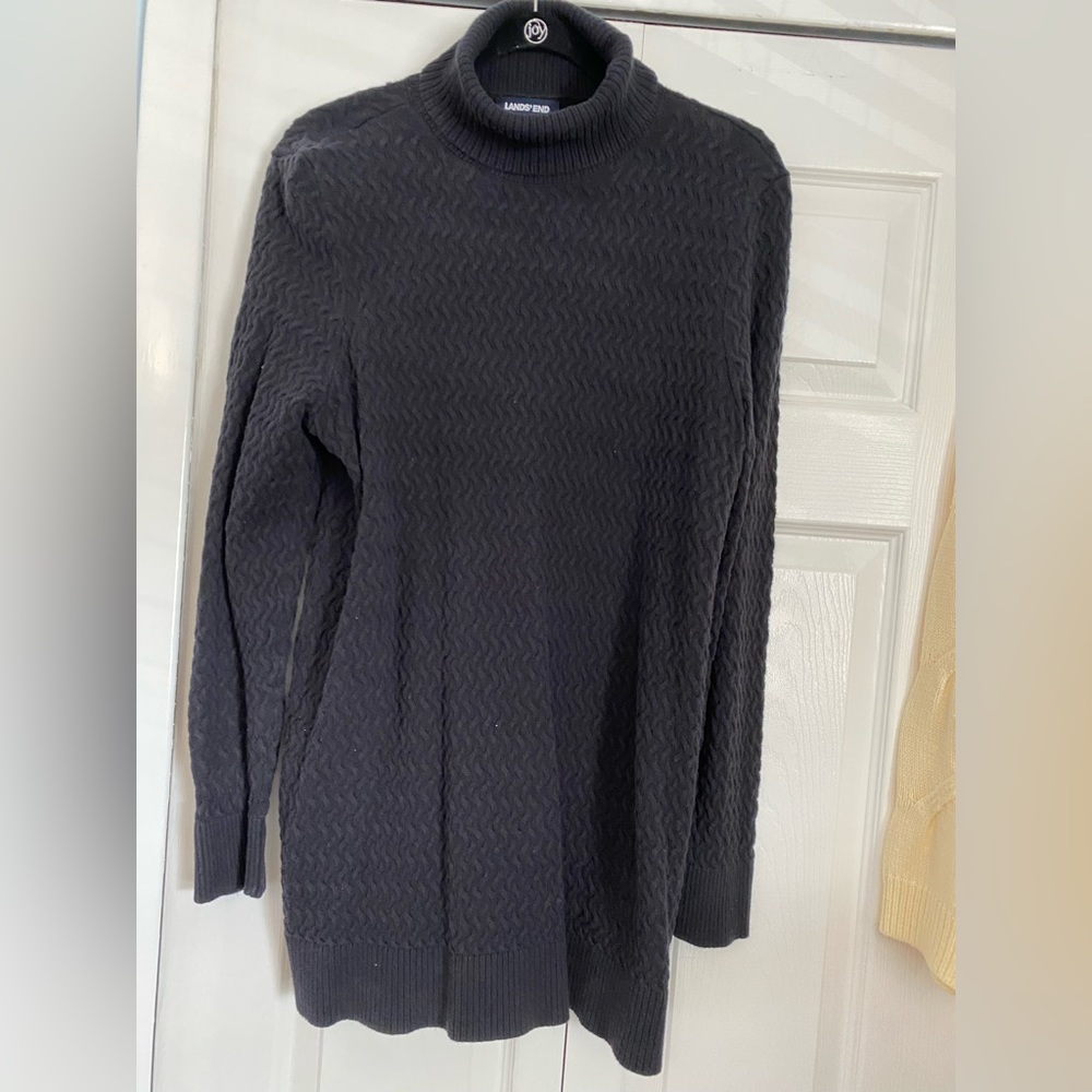 Black turtleneck, cableknit sweater, extra long with long sleeves size large